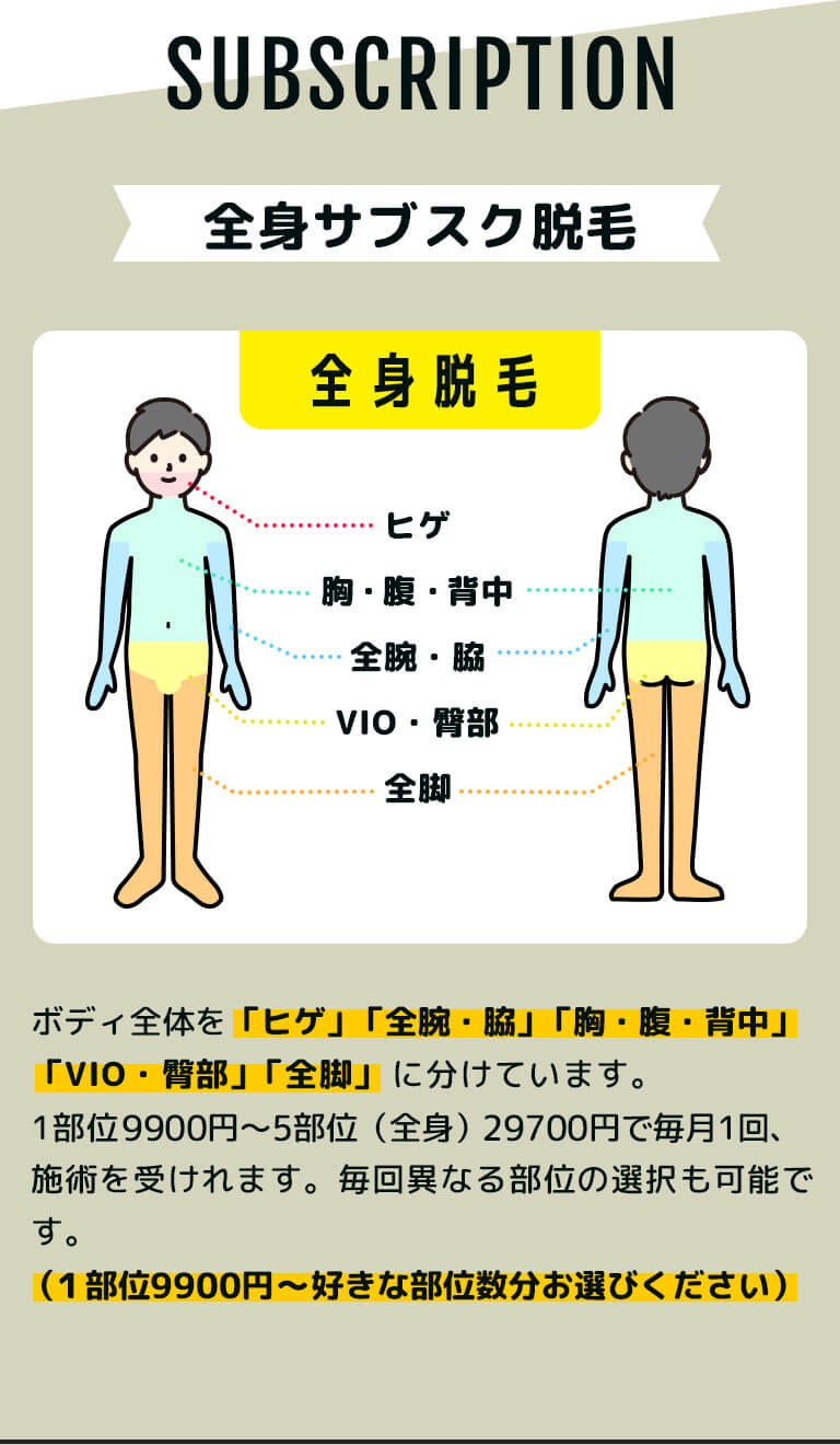 ボディ全体を「ヒゲ」「全腕・脇」「胸・腹・背中」「VIO・臀部」「全脚」に分けています。1部位9900円~5部位(全身)29700円で毎月1回、施術を受けれます。毎回異なる部位の選択も可能です。(1部位9900円~好きな部位数分お選びください)